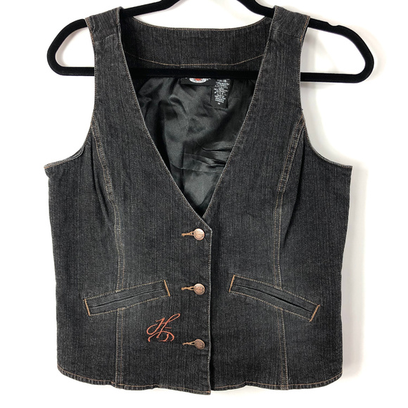 Harley-Davidson Jackets & Blazers - Harley Davidson Black Denim Embroidered Vest M